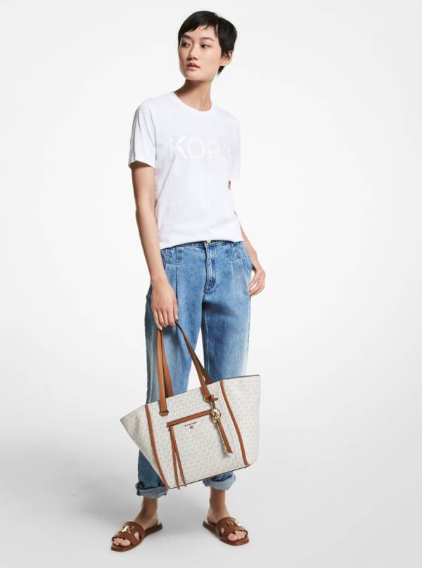 Damske Tricko Michael Kors Logo Organic Cotton Jersey Biele - Oblecenie Michael Kors Vypredaj | QLTSN-3759